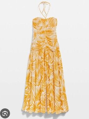 WHBM Orange White Tropical Ruffle Front Slit Braid Ruched Halter Maxi Sundress 6